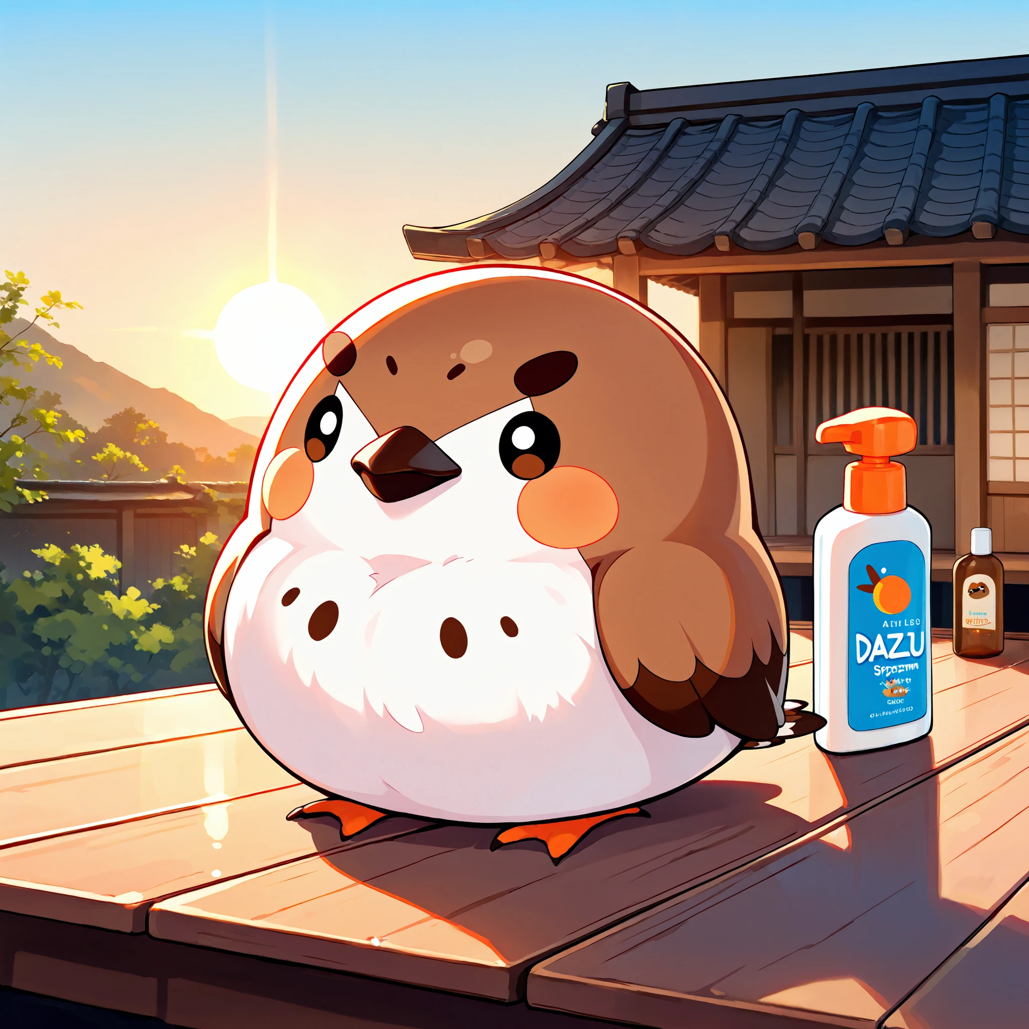 Masterpiece,Best quality, ultra detailed,Japanese Anime style, (cute brown sparrow mascot) , round body, fluffy body,brown color body,simple face, cute appearance, Shocked, bottle of sunscreen, on the roof of a Japanese house, dazzling sun, clear skies,
