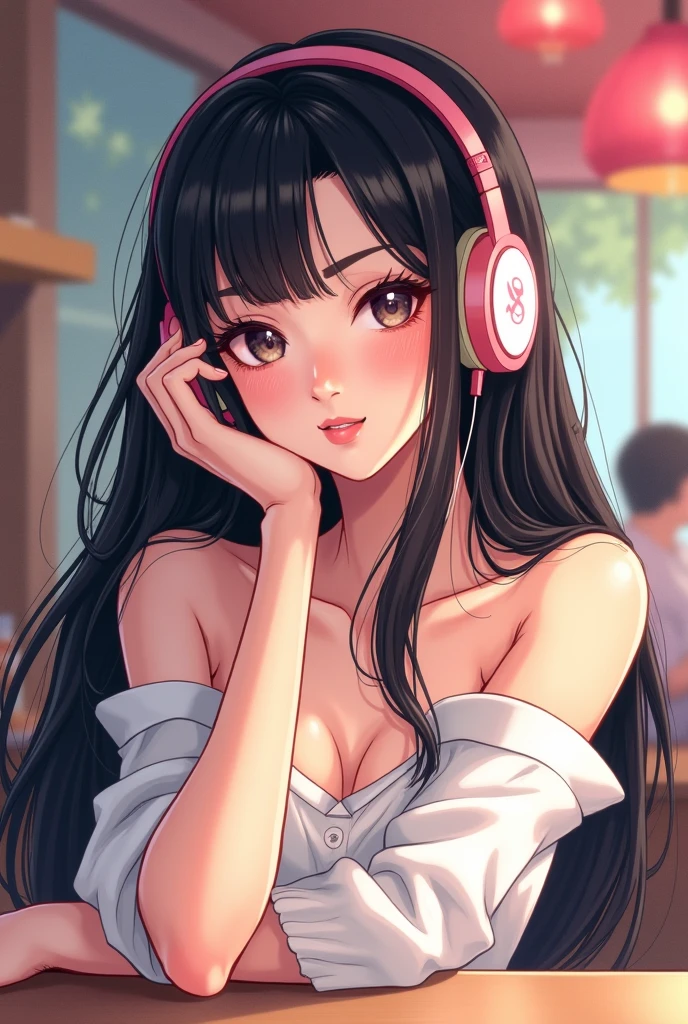 anime girl puffing a vape, like a woman type long hair anime girl like a sussy
