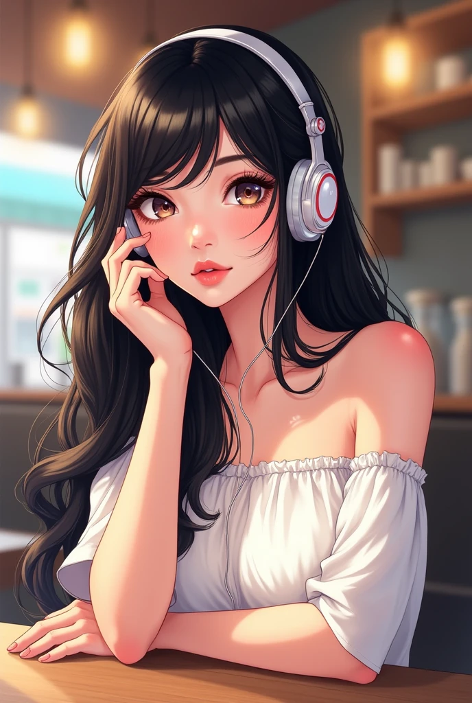 Perfect image, 8k, night、Dinner in a fancy restaurant、Female college student、 Using headphones、 2D-style animation, Lo-Fi、Retro、Anime style illustrations、Anime Style