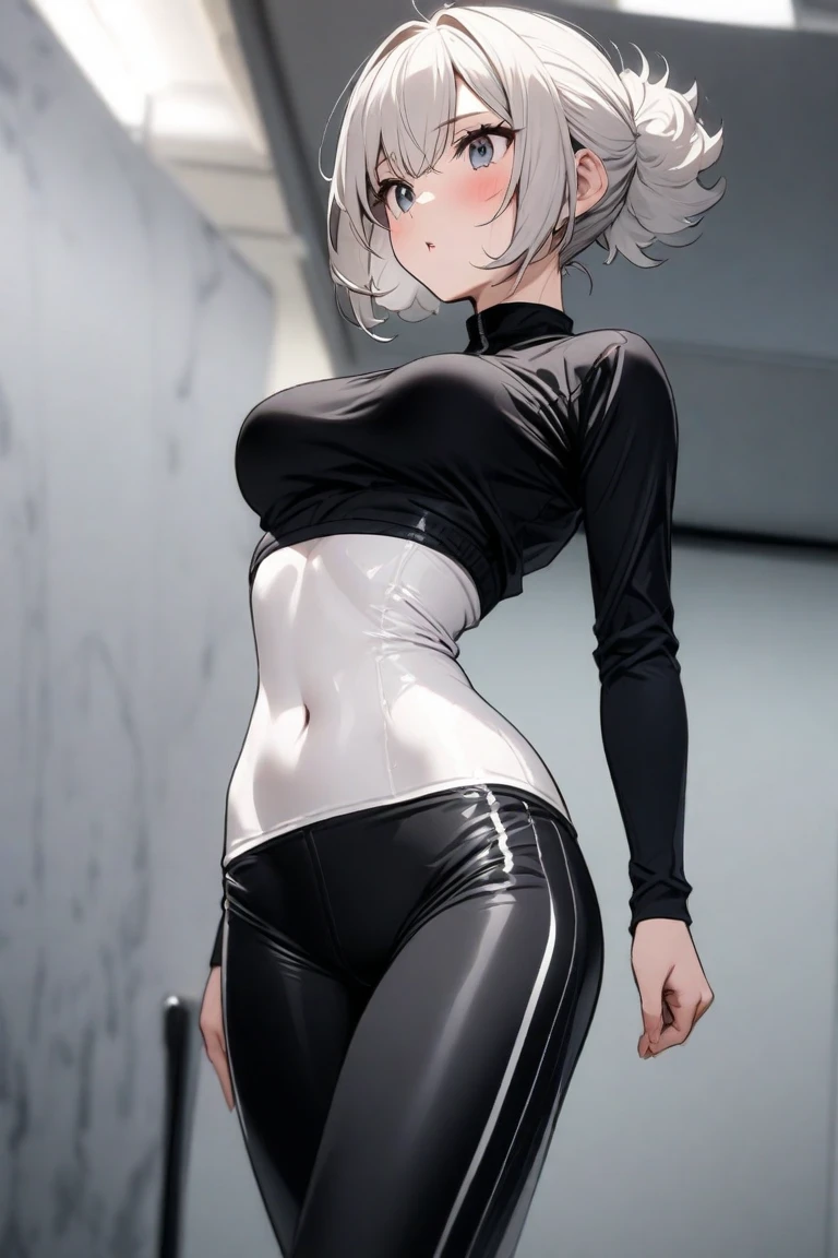 legging black short, mulher morena musculosa,cabelos compridos pretos, white pantyhose,de costas para um beco japones,belos olhos, olhos detalhados,brava, sueter branco, olhos bravos
