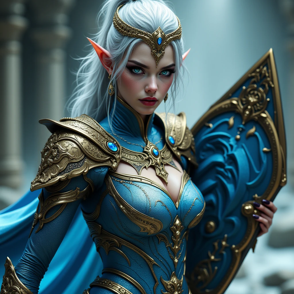 A cinematic photograph of an beautiful epoch elf with cyborg style, (long pointy ears:1.2), blue armor, blue eyes, highly detailed, intricate, cinematic lighting, centered composition, masterpiece, sharp focus, 4k, HDR, <lora:add-detail-xl:1>, <lora:cyborg_style_xl-off:0.7> cyborg, <lora:cyberpunk_xl_v1:0.5>, <lora:DetailedEyesXL_V3:1>