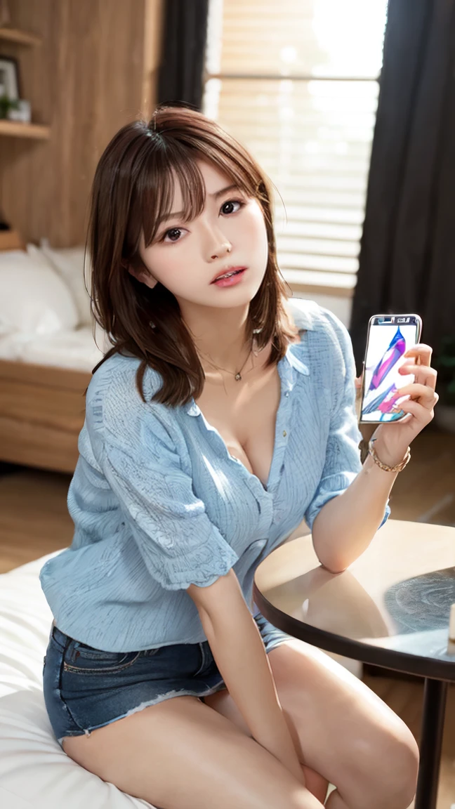 one person、one person、smile、A 17-year-old high school girl poses for a photo in a navy blue open-front polo shirt、Putting on makeup in front of the mirror、fun、Green mini skirt、Holding a red handbag、victory、masterpiece、high resolution、Sharp focus)、cute、Japanese women、18-year-old、sexy、Laughter、(Perfect Anatomy、Delicate and beautiful body、)、smile、Small breasts、Nogizaka Idol、Slim figure、sexy、