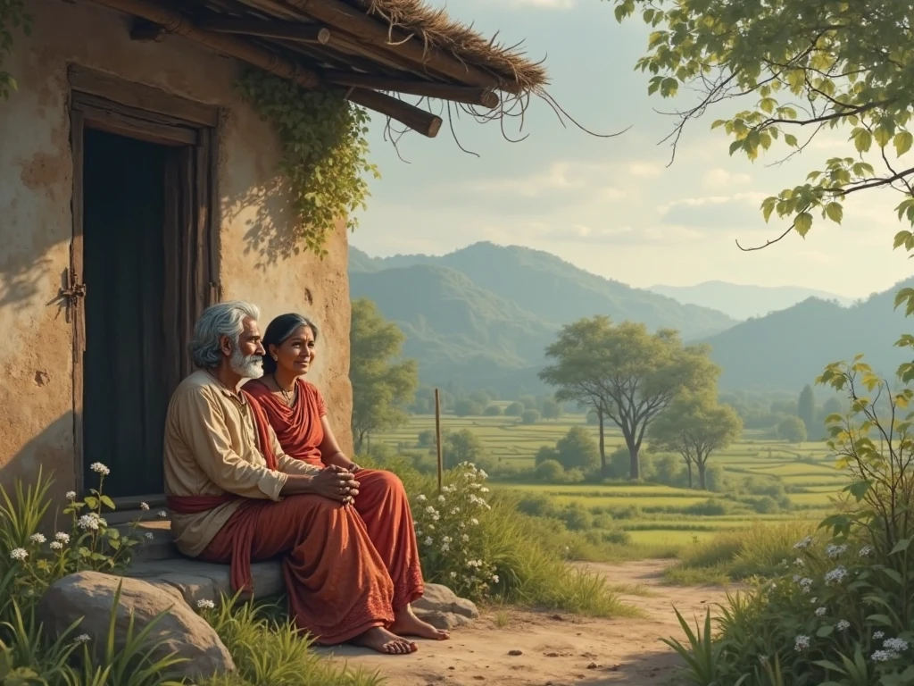 Ravi arriving at his grandmother’s quaint, old house, which is a simple, traditional village home with flowers around the doorway. His grandmother, an elderly woman in traditional attire, is seen welcoming him with a warm smile.
Size: 1024x1024