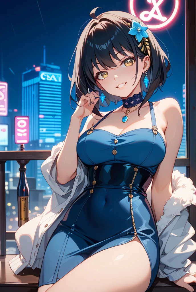 college woman; Strikingly attractive; Long, dark brown hair; blue eyes; Slender figure; smiling; standing in front of a crowded theater; best quality; soft blur background; trending on artstation; complex volumetric lighting; strong shadows; artistic lighting; dynamic; energetic vibe; realistic skin; specular highlights; micro-textures; highly detailed hair; contour drawing; wearing form-fitting modern stylish evening gown