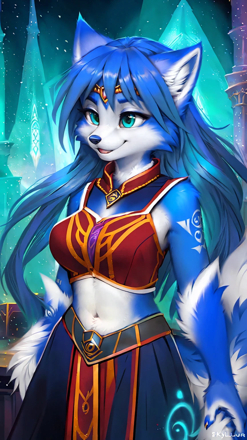 A beautiful and detailed (sweet picture) wa ((krystal)), Star Fox Krystal, sslim, lovable, green eyes, medium breasts, (((Long blue hair 1.3))), Decollete, grin, look up,, anthro, furry, Uploaded E621, detailed fluffy fur, (wa Fluff-Kevlar, Bayard Wu, personalize me, Pino Daeni), detailed face, (fluffy), 1 girl, alone, sweet girl, alone, magician clothing