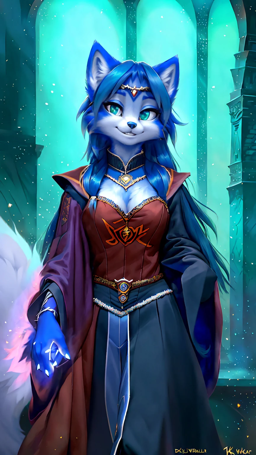 mykiio, Krystal, crown, robe, smile, holding object, wine, hand on hip, green eyes, fluffy tail