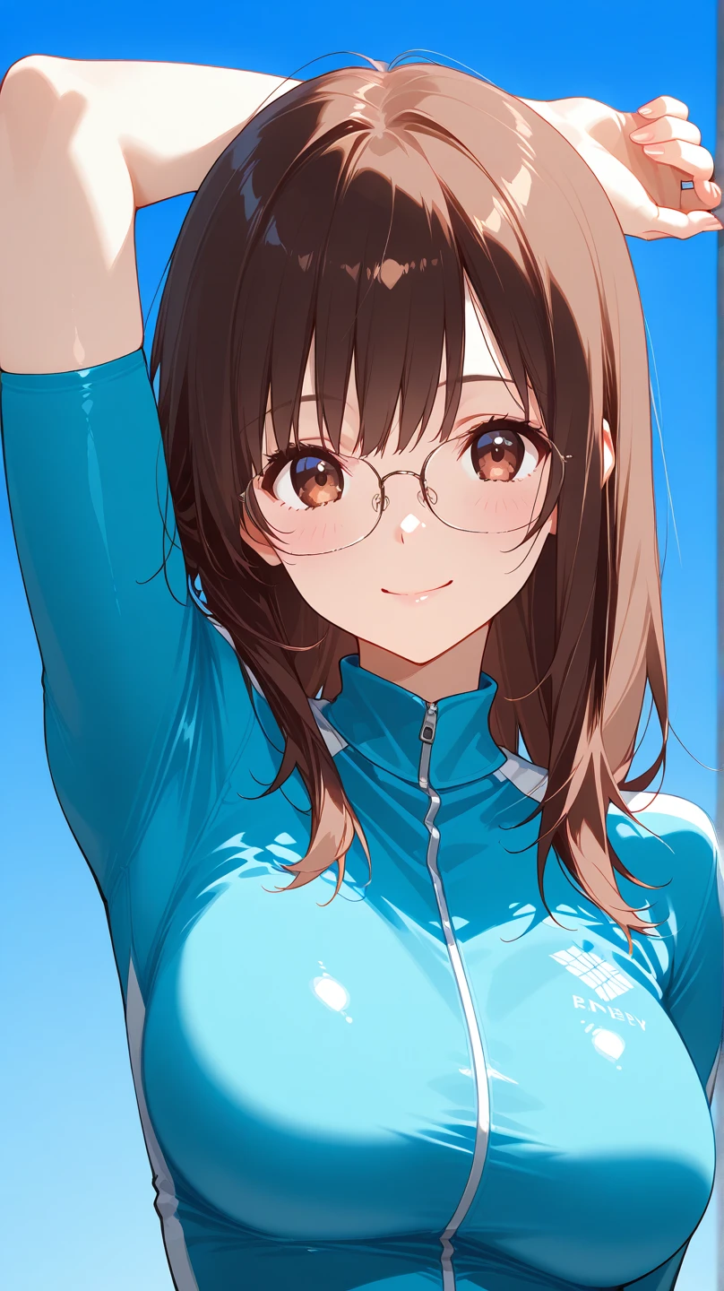 a pretty 17 year old girl with green eyes with long brown hair and glasses with big ones wearing a my hero academia sports uniform where we see her stomach with blue pants that have the power of water ( anime my hero academia )