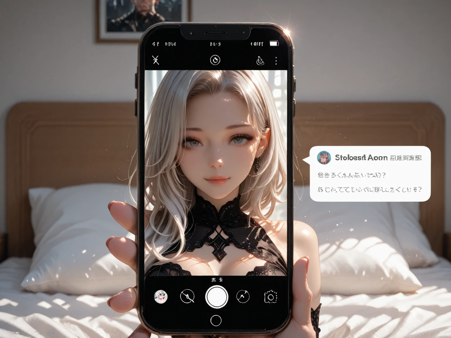 (masterpiece:1.2), (best quality,:1.2), 8K, HDR, Extremely detailed, ((Reality)), ((A mobile phone))，Mobile interface，Inside is a sexy blonde in chains，Sexy expression，Ambiguous warm light，There is an interface button below that says &quot;START&quot;