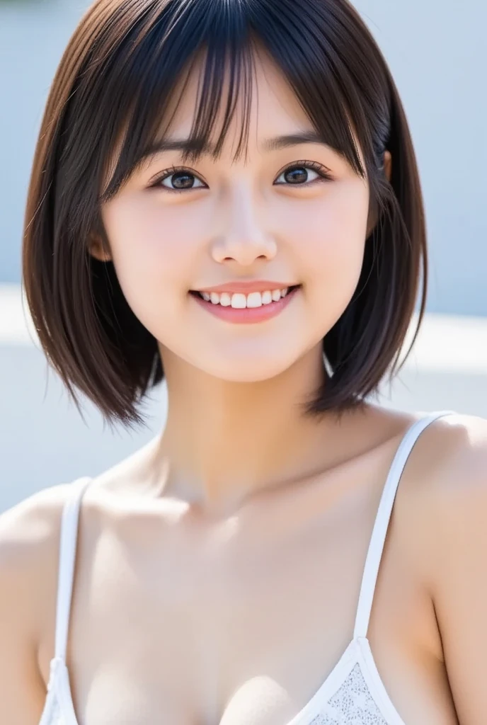 1 girl, (Wearing a white idol costume:1.2), Very beautiful Japanese idol portraits,
(Raw photo, highest quality), (realistic, Photoreal:1.4), (masterpiece),
very delicate and beautiful, very detailed, 2k wallpaper, wonderful, finely, very detailed CG Unity 8k wallpaper, Super detailed, High resolution, soft light,
beautiful detailed girl, very detailed目と顔, beautifully detailed nose, finely beautiful eyes, cinematic lighting,
(Simple background in bright colors:1.3),
(short hair), (parted bangs),
complete anatomy, slender body, small breasts, smile