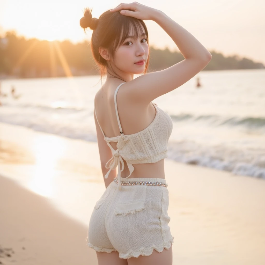 A full portrait of a beautiful Thai woman shot in very high resolution, in sharp detail, while standing on the beach at sunset. (golden hour) She has smooth white skin, black hair gathered in two small bundles on the top of her head, with a ponytail and a small tuft of hair on the sides that gently flutter. Looking back slightly at the camera, the face was subtly emotional, one hand raised to block the sun. The clothes were cream-colored knitwear, both single-strap cropped tops and high-waisted shorts, with fine knit detailing and a small bow tie below the pants, wearing a beaded waistband adorned with a beaded waistband. Bright colors add cuteness and charm. Warm natural light from cold light emphasizes the dimensions of the skin and Clothing, blurred background, seeing waves, sand and people in the distance. Dimensional images, blurred background, deep vintage emotional media, warm by the sea.