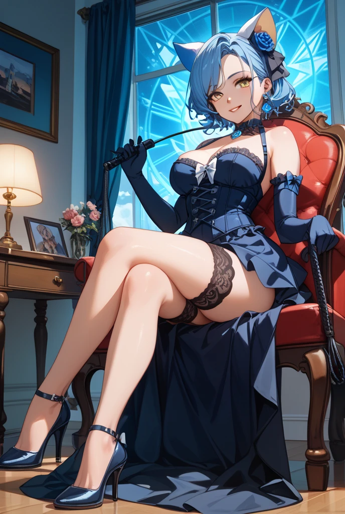 Solo, score_9,score_8_up,score_7_up, source_furry, carmelita fox, standing, indoors, thigh high socks, black lacy bra, black thong, sitting on a chair, legs crossed, foot focus, arms crossed, grinning