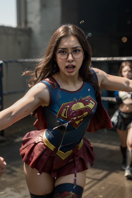 Supergirl (struggle), (scream in pain), handcuff, tied by thugs, (crowded), (mans in background try to tied her:1.2), tied, bound, (Supergirl costume and red skirt:1.5), (Restrained:1.5), BDSM, (two man tied her up:1.2), (bird view angle) , (dress up) , unnaked, (ropes all over body), (eyes up), (painful), head down, (terrify:1.1), (angry eyebrow), tortured,
