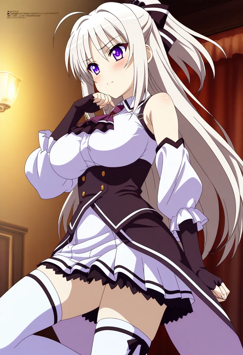 score_7_up, BREAK source_anime, 1girl, long hair, thighhighs, breasts, solo, very long hair, ass, gloves, twintails, elbow gloves, large breasts, looking at viewer, black thighhighs, grey hair, flower, sitting, red eyes, black gloves, thighs, bare shoulders, ribbon, no shoes, choker, full body, bow, closed mouth, soles, frills, feet, indoors, looking back, hair ribbon, dress, lace trim, blush, from behind, dutch angle, church, window, statue, (contrast), dark light, (dark composition:1.3), anime screencap, <lora:MiniAXV9XLScreencap:1>