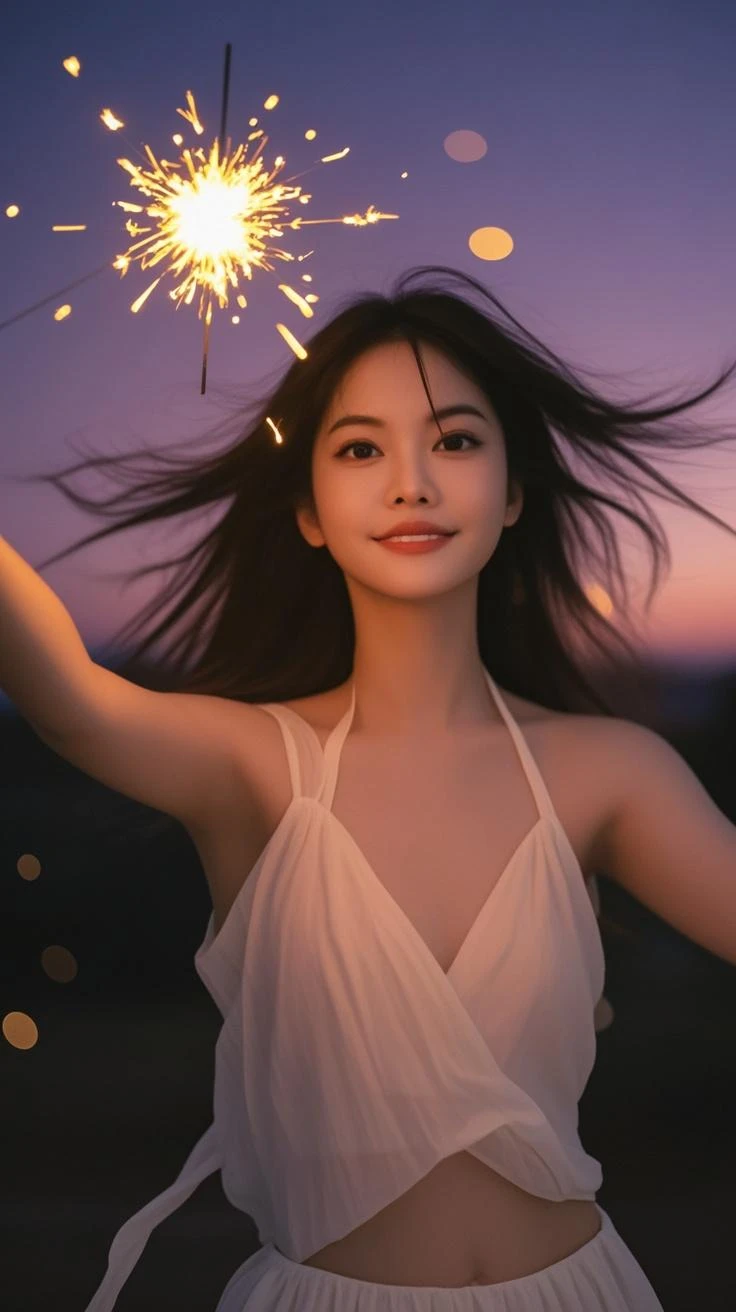 1 Girl, Smile, Rainbow Colors, dramaticangle, space, (Colorful sparks float:1.3), Dramatic Lighting, Chiaroscuro, Evocative depth