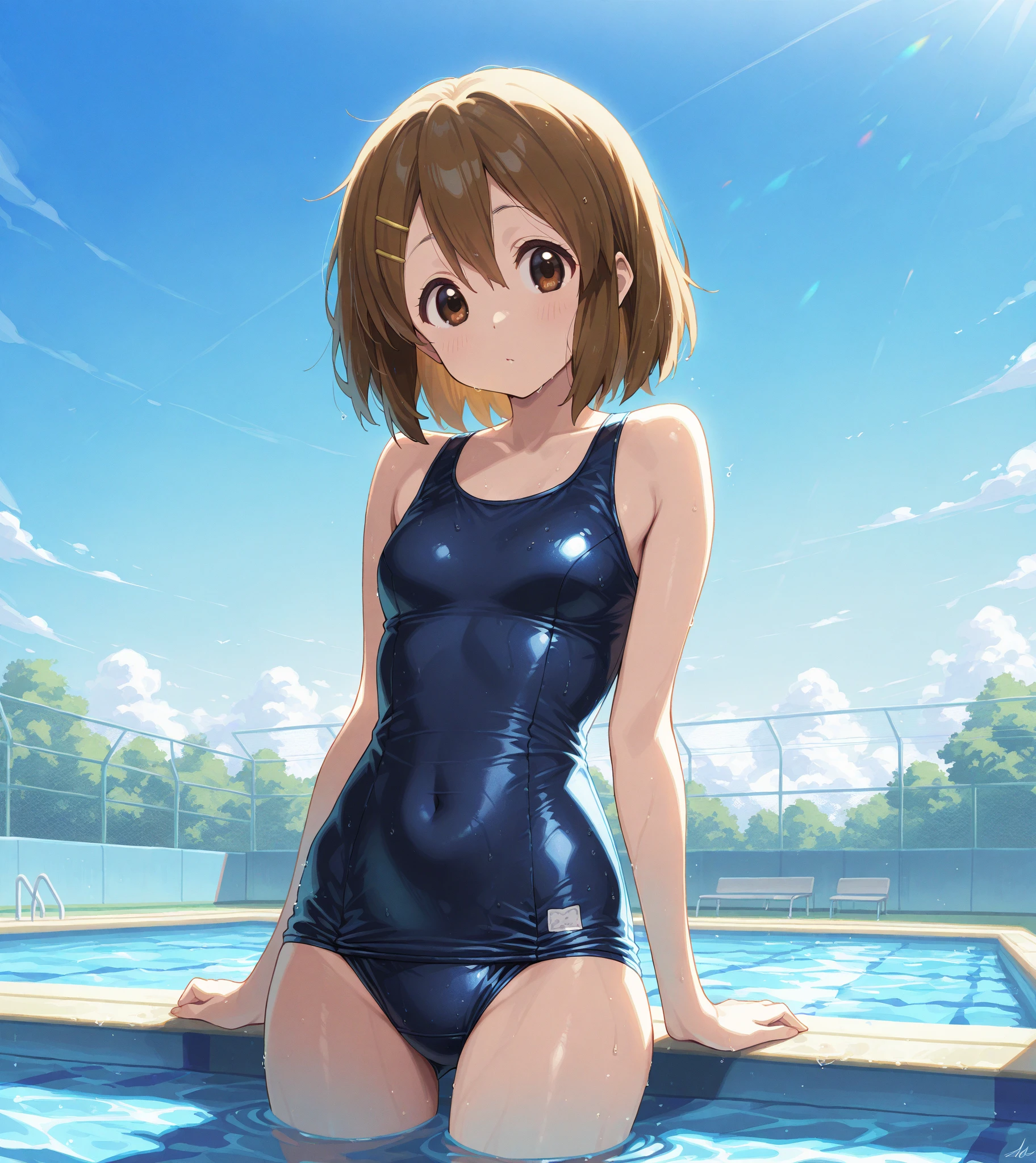 girl in school swimsuit,,swimming pools,Plump body, Wearing a school swimsuit, Very sweaty,Plump breasts and buttocks, sweaty wet skin,Embarrassing,Elementary schoolquality, top-quality, masterpiece, absurderes,covered in cum,Brown hair,