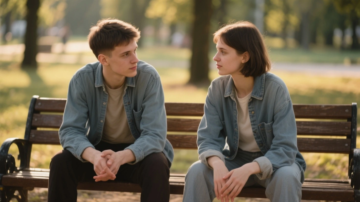  Le garçon et la fille assis sur un banc, regardant dans des directions opposées, chacun se demandant s'ils sont un couple officiel. Le garçon fait un geste de confusion, tandis que la fille rit, taquinant doucement.