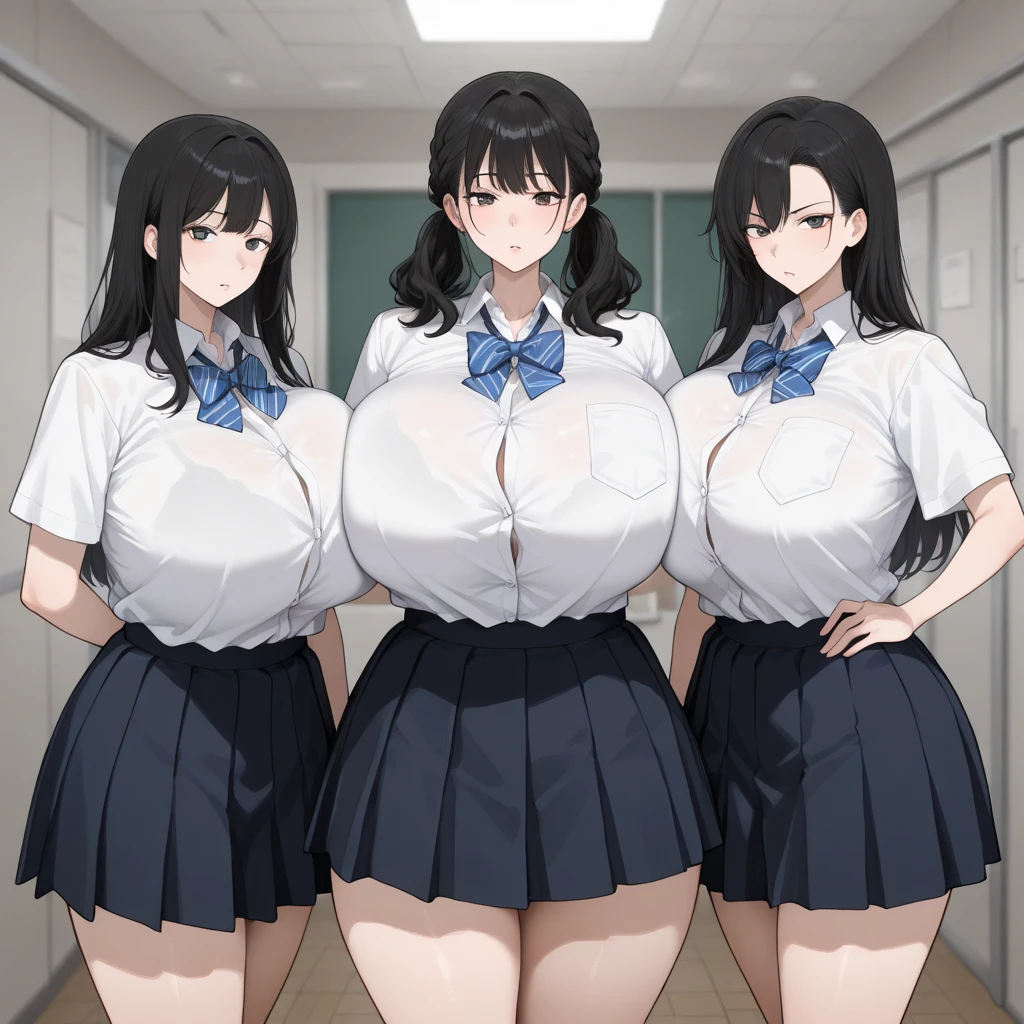 A Beautiful Young Girl, with (Long Black Hair), Beautiful Blue Eyes, is 5.1 tall, and is (17 years-old), with an Increasingly Plump and Busty Figure. She has a severe Breast Expansion Problem, her Breasts and Thighs won’t stop growing Larger and Larger, and now they are already at an Unreasonably Huge Size, (((Extremely Embarrassed Expression))), she is stuck in her High-School Uniform and it is becoming slightly too small for her thickness,