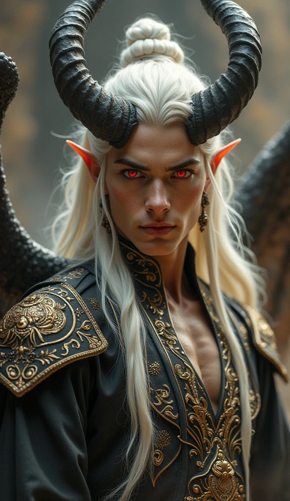 A blond elven man with golden eyes, a youthful face, horns and two golden dragon wings.