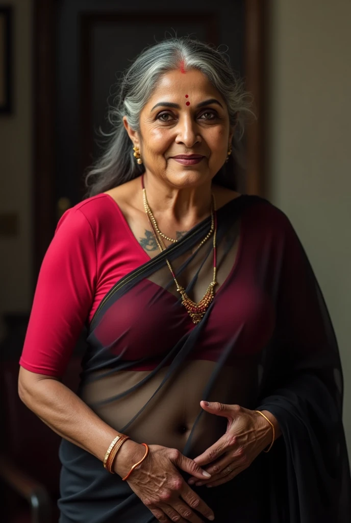 an elderly woman in, age 65, Solo, traditional Indian attire, brown skin, long silver hair, wrinkles adorning her face, bright, almond-shaped eyes framed by thick eyelashes, jewelry adorned with intricate silver handicrafts, full-length saree, body painted with delicate henna designs, bare shoulders revealing the wisdom of age, off shoulders revealing a glimpse of the golden skin beneath, traditional Indian blouse, realistic yet filled with the charm of age, a hint of a soft smile playing on her lips, captivating, the essence of beauty from within, timeless, exuding grace and elegance.