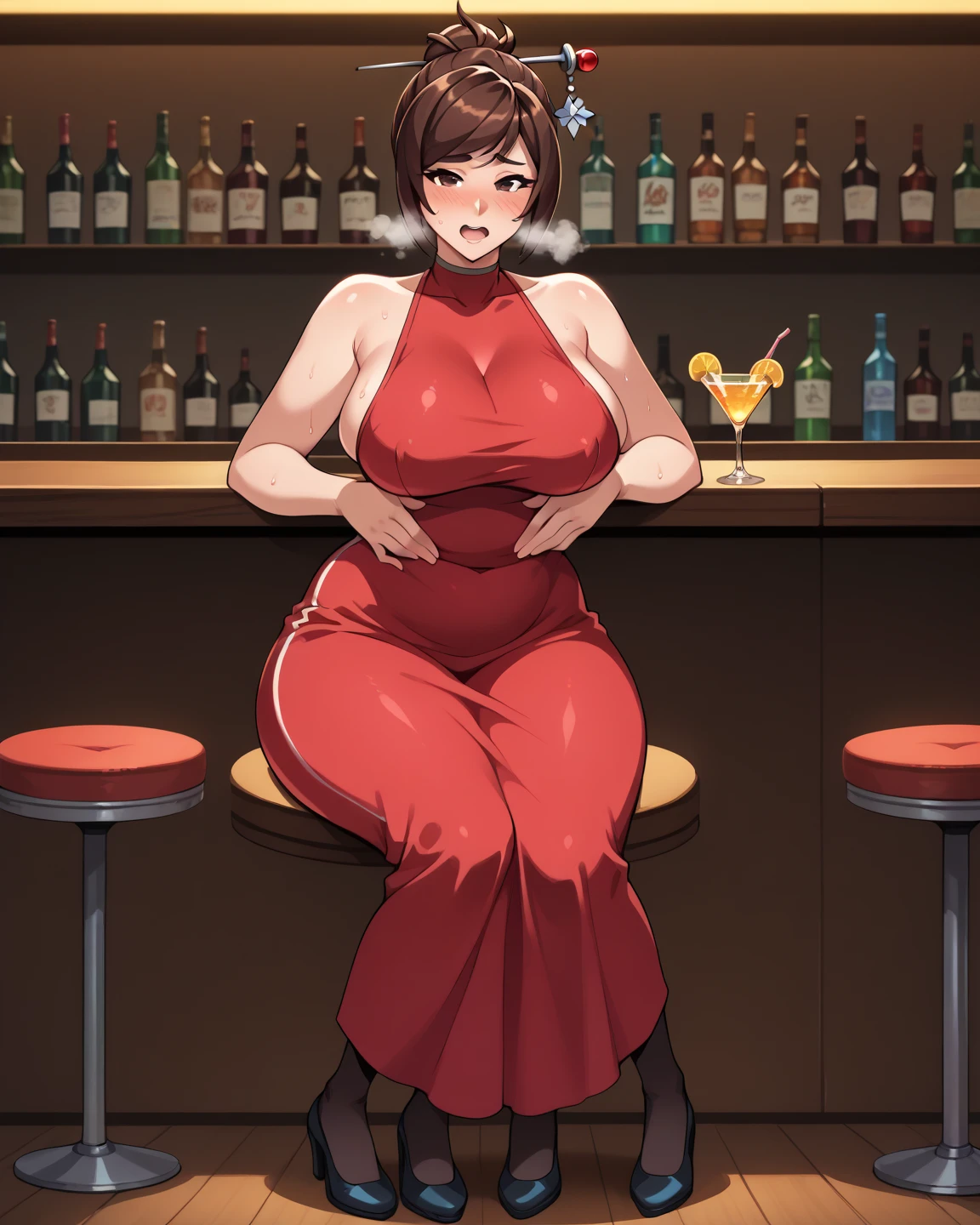 (NSFW), Misae Nohara, full body, thick thighs, hourglass figure, half naked, Looking at the viewer with seductive eyes, Misae Nohara, exposed breasts, 1girl, solo, ((32 years old, wearing a blue sequin dress, long eyelashes, looking at the viewer, holding a martini glass)), sci-fi, digital art, futuristic coloring, vibrant lighting, (Background: Indoors, night club, bar, neon lights, futuristic, Sci-Fi, cyberpunk theme, futuristic technology in the background), brown black hair, hard nipples, exposed vagina, best quality, highres, bbyorf, gold earrings, large breasts, jewelry, off shoulder, red transparent sweater, sweater transparent dress, long sleeves, no panties, outdoors,