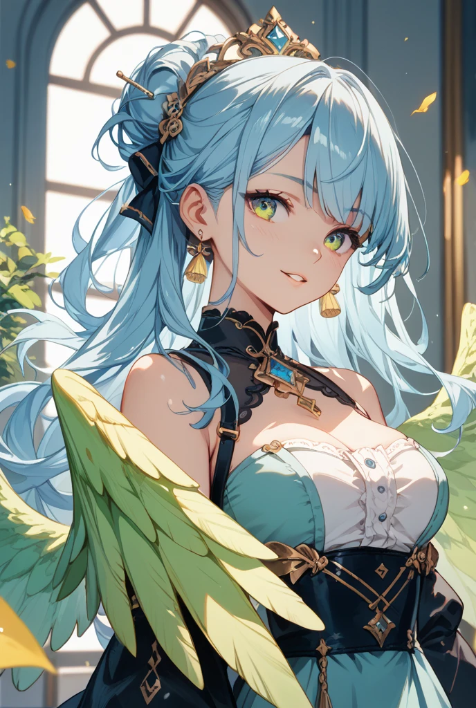 1woman, (Sinon, SAO), sexy, 25years old, beautiful face sharp, elegant woman, Ultimate perfect body style, beautiful beautiful big breasts, Maximize upturned breasts, glossy very thick lips, pink lipstick, smile:1.5, Angel costume with elaborate decorations, vibrant colors, and a skirt. The costume features delicate silver embroidery, sparkling diamonds, flowing chiffon fabric, ornate shoulder wings, a high neckline, long flowing sleeves, a jeweled waistband, a radiant halo, intricate lace patterns, a tiara adorned with sapphires, and a luxurious satin texture,