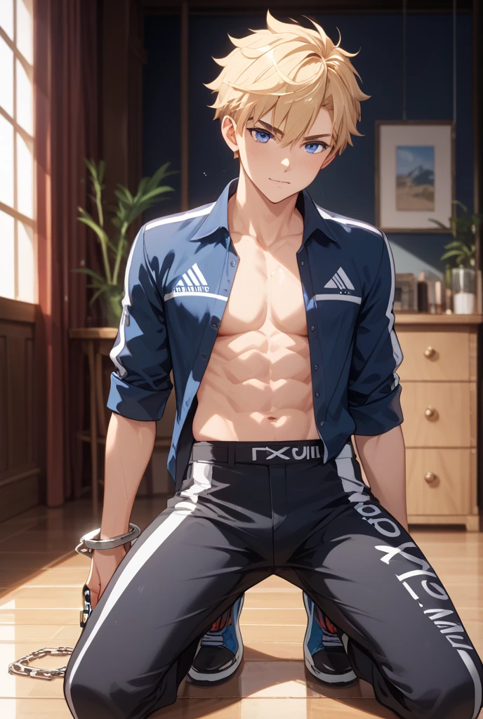 ((8K:1.2),masterpiece, Highest quality, Ultra-high resolution:1.25), beautiful boy anime face, Sweating, no muscular body, 16 old a boy, high school student boy, face and body emphasis, (gay anime hentai), tall boy, no underwear, bedroom alone, sexy pose, Blushing, smile face, (shirtless body), short hair, black eyes, (sexy leather shorts:1.2), high leg string, want sex, prostitute boy, full body, crotch emphasis, crotch touching, 