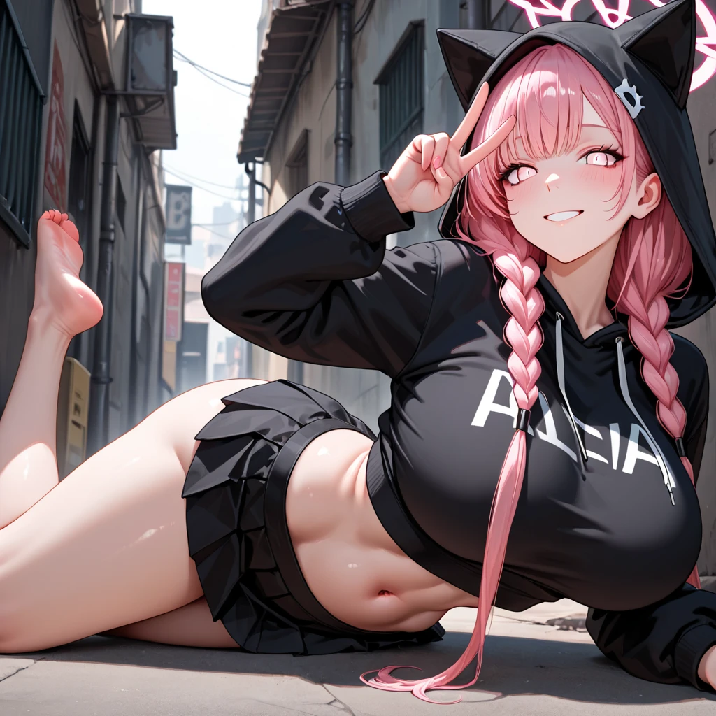 1 girl, 1boy, HD quality, 8k, 4k, mesmerizing eyes, pink hair, long hair, detailed pink eyes, detailed pink eyes, horns, huge breasts, from below, sneakers, white mini skirt, panties, outside, daytime, pretty clouds, grin, blush, stepping on viewer, demoness, black crop top, sneakers, stepping on a boy, boy is being stepped on