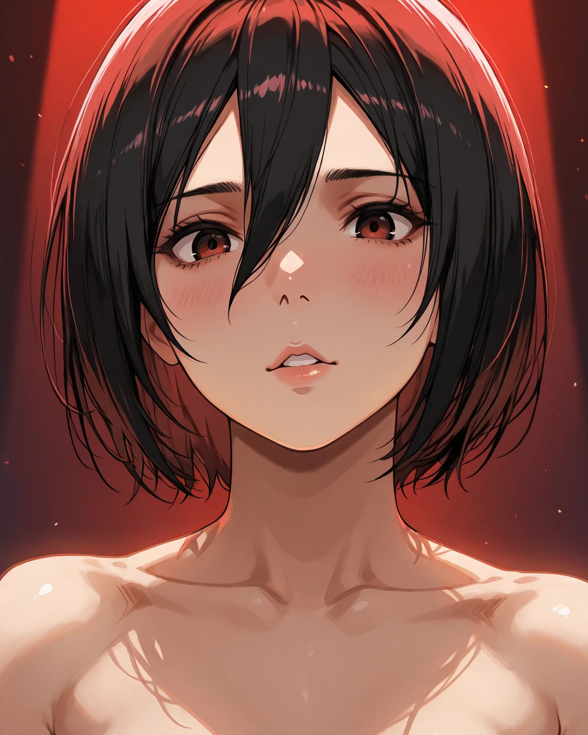 A woman, naked, expression of pleasure, short hair, black hair, voluminous hair, naked, nude, simple background, looking at the viewer, morena