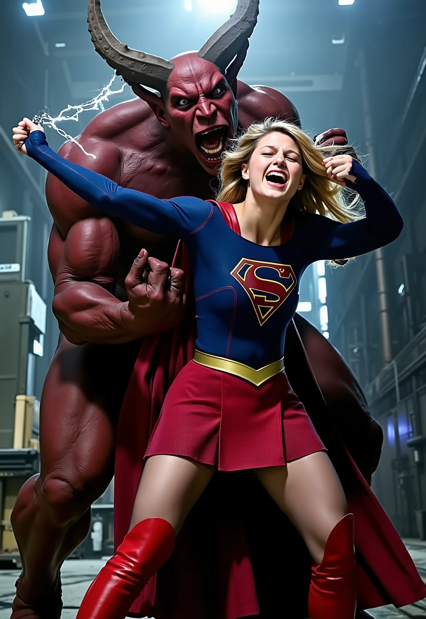 Melissa Benoist as Supergirl, fighting with a strong fierce devil, she is screaming in pain, arms tied with lighting chain behind her back, try to resist, wearing a Supergirl costume, blue shirt and very short skirt, red high boots, she is attacked from behind by a huge body devil, A fierce devil is holding her arms tightly from behind, he bite her neck, whole body from head to feet are visible, in the factory, night time, bright spot lighting,