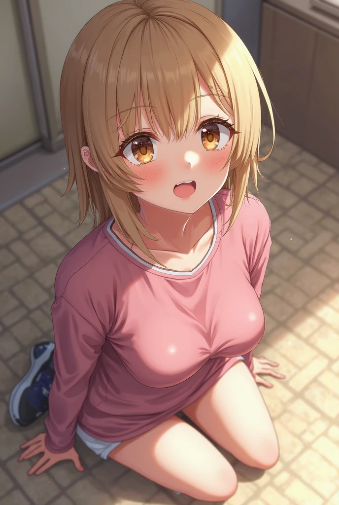 ((masutepiece, Best Quality, hight resolution, nffsw, Perfect Pixel, depth of fields, 4K, )), 1girl in, Solo, , Beautiful anime girl, Beautiful Art Style,
very low view angle:1.3, view from below:1.5, bathroom background,
Perfect body, :o:1.5, shot from below:1.4, selfie:1.3, yellow clothes lift:1.3, show nipples:1.3, blue panties,
isshiki iroha, short hair, medium breasts,
Full face blush, red face,
straight on:1.3, medium shot