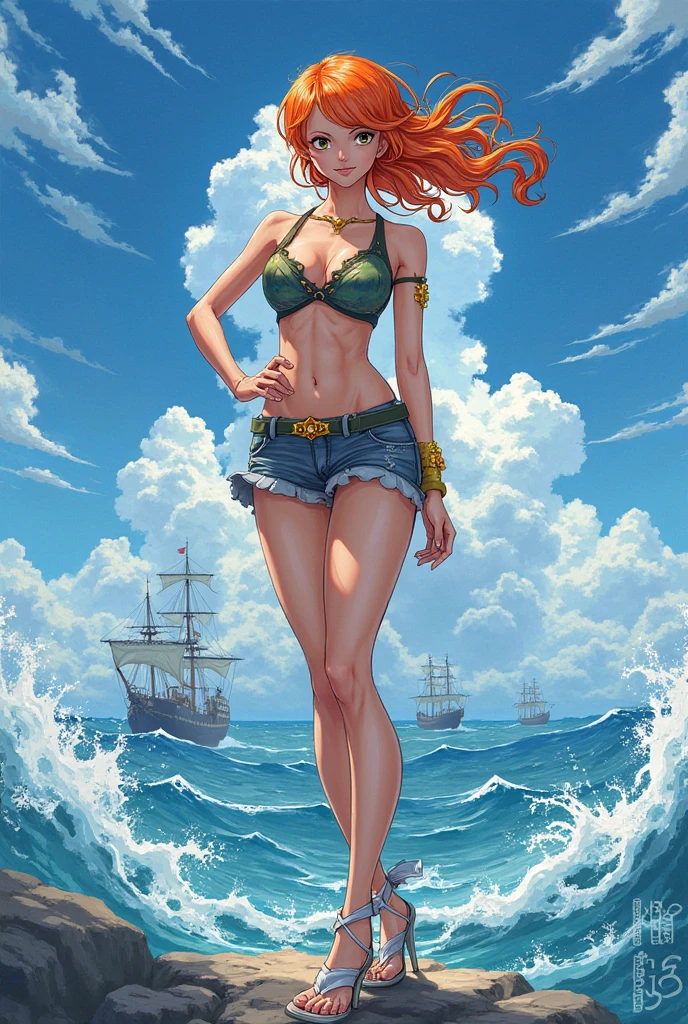 create a character from the One Piece universe, red, wavy hair down to her hips, green eyes and dark blue clothing, possessing the Water Devil Fruit