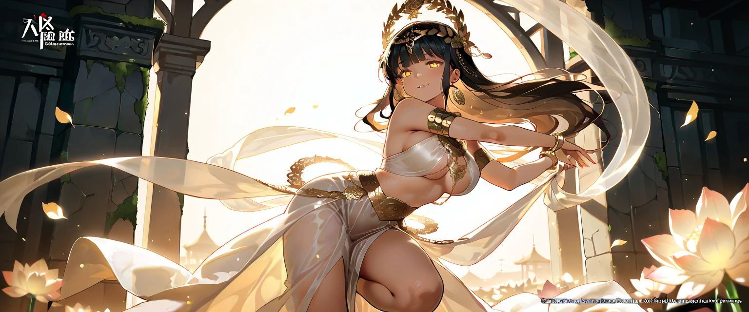 Her short, raven-black hair and intense orange eyes .Her outfit consists of delicate, thin chains and ornamental pieces that barely cover her body. A translucent purple veil covers her lower face, with intricate jewelry adorning her neck, arms, and waist. evil smile, subservient, large breast, egyptian style clothng, dancing