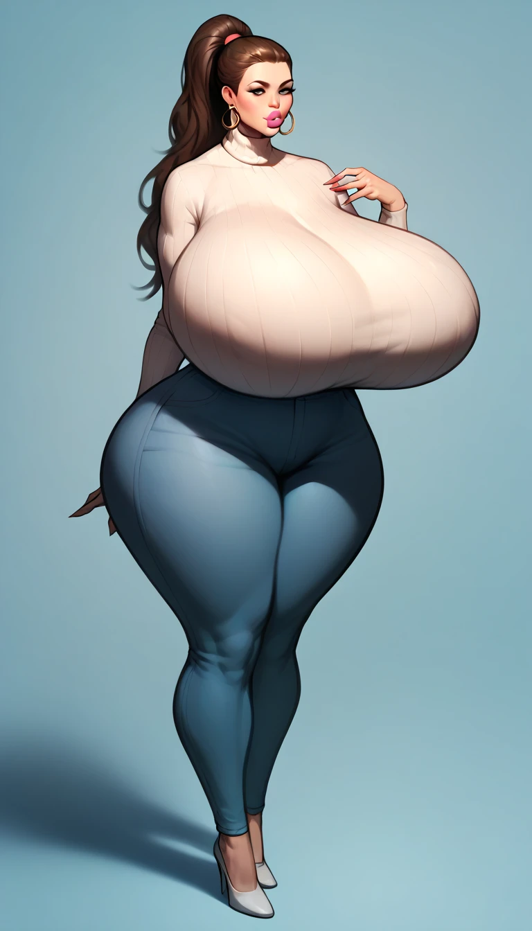 Amazon Woman, slim but muscular body, huge breasts, long legs, blue hair, ponytail hairstyle, red eyes, i don't'don't have shoes, combat uniform, 8K, hd, masterpiece, full body, white background, full body shot, mature woman, mature woman, generous waist circumference, big ass, plus size model,