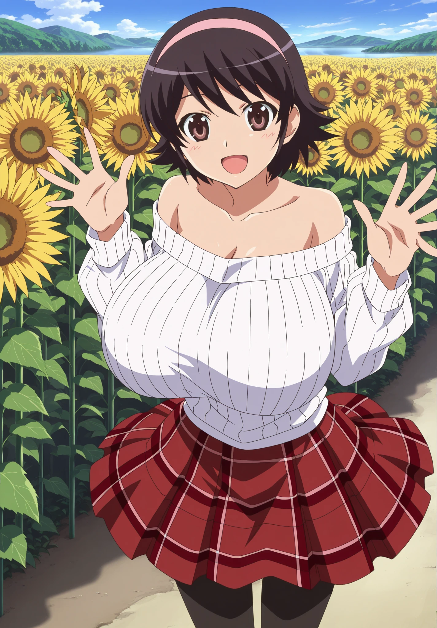 smiling, ((((upskirt))), jumping, ((pleated skirt)),  (((pink panties)), large breasts, summer, day, Sunflower field,spread arms,Top Quality, Masterpiece, Ultra High Resolution, 8k, Orange Sweater, Anime Style Little , Single, Ultra Detailed Line Art, Digital Enhancement, Anime Core, Flowing Fabric, ((Hair length to shoulder and short braid)), staring at me from the front, Soft drawing, Beautiful black hair, Looks really weak, Clear eyes, Countryside cityscape, Very big breasts、 clean line drawings,