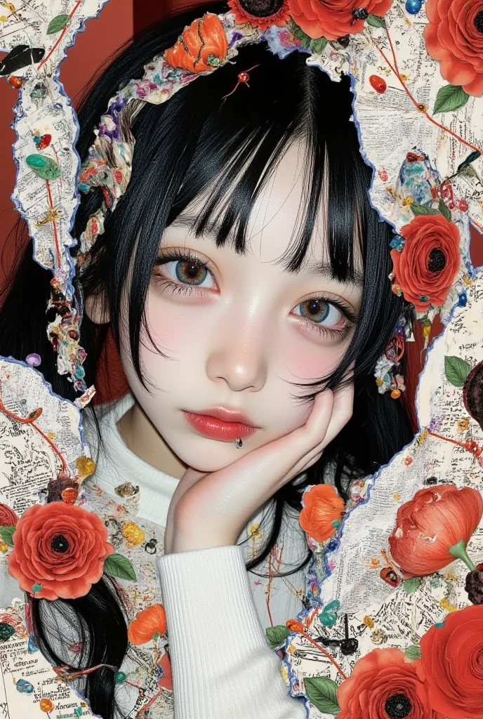 Black Hair：At shoulder length、A little disheveled。
Red ribbon：髪を束ねているRed ribbonをしている。
expression：リラックスしたexpressionで、Looking up at the sky。
Costume：Wearing a pink one-piece、Grey sleeves and collar。
Pause：Lying on his back on the grass。
background：Lying on the grass、Wildflowers blooming all around。
Small items：To her right is a red radio.。
photograph,8k,Highest quality,Best details
