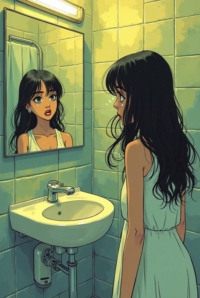 Female supermodel wears a white towel in simple bathroom. Marbled sink. Mirror. Titanium faucet. Sunlight shines through all glass windows. Selfie posa