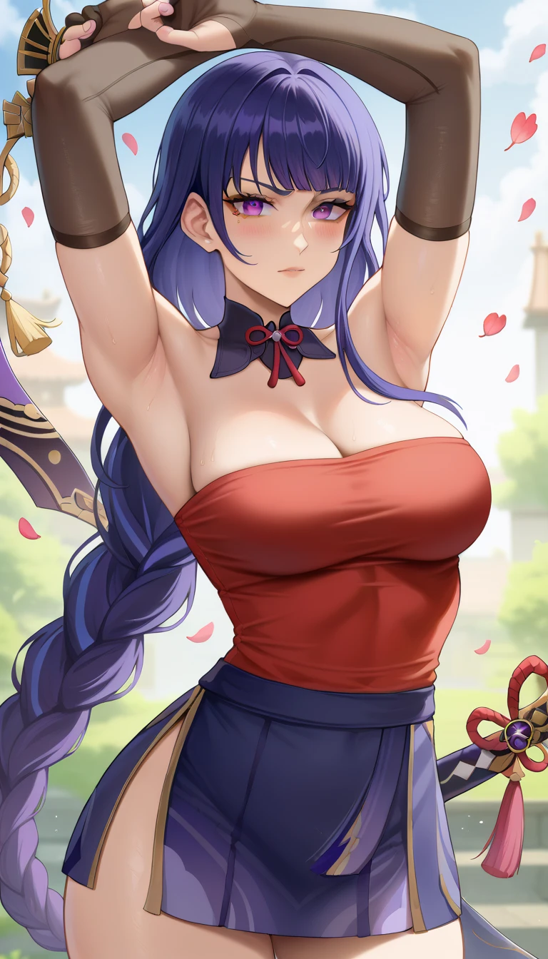 blue_hair, long_hair, bangs, horns, purple_eyes, ahoge, breasts, blush, goat_horns, sidelocks, bell, medium_breasts, large_breasts, neck_bell, ((masterpiece)), (Professional Photography:1.2), camelliamix, from above, flat body, Beautiful flowers bloom, (sparkles), (There is a blooming camellia)，standing under a tree, (head looking up), Look at the tree, Natural soft light, macaron, Still ethereal, Crisp and smooth lines, radiant morning light, soft luminescent glow, perfect fingers, (((IncrsHoldingHandsPov, holding hands, pov hands, from side)))