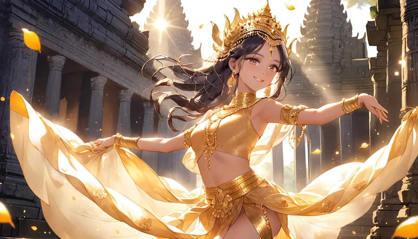 ((Highest quality)), ((masterpiece)), (detailed), （Perfect Face）、The woman is Reika Aoki, a dark-skinned Cambodian with semi-long hair.、A woman is dancing the Apsara dance in Cambodia wearing the costume of the Cambodian dance Apsara dance