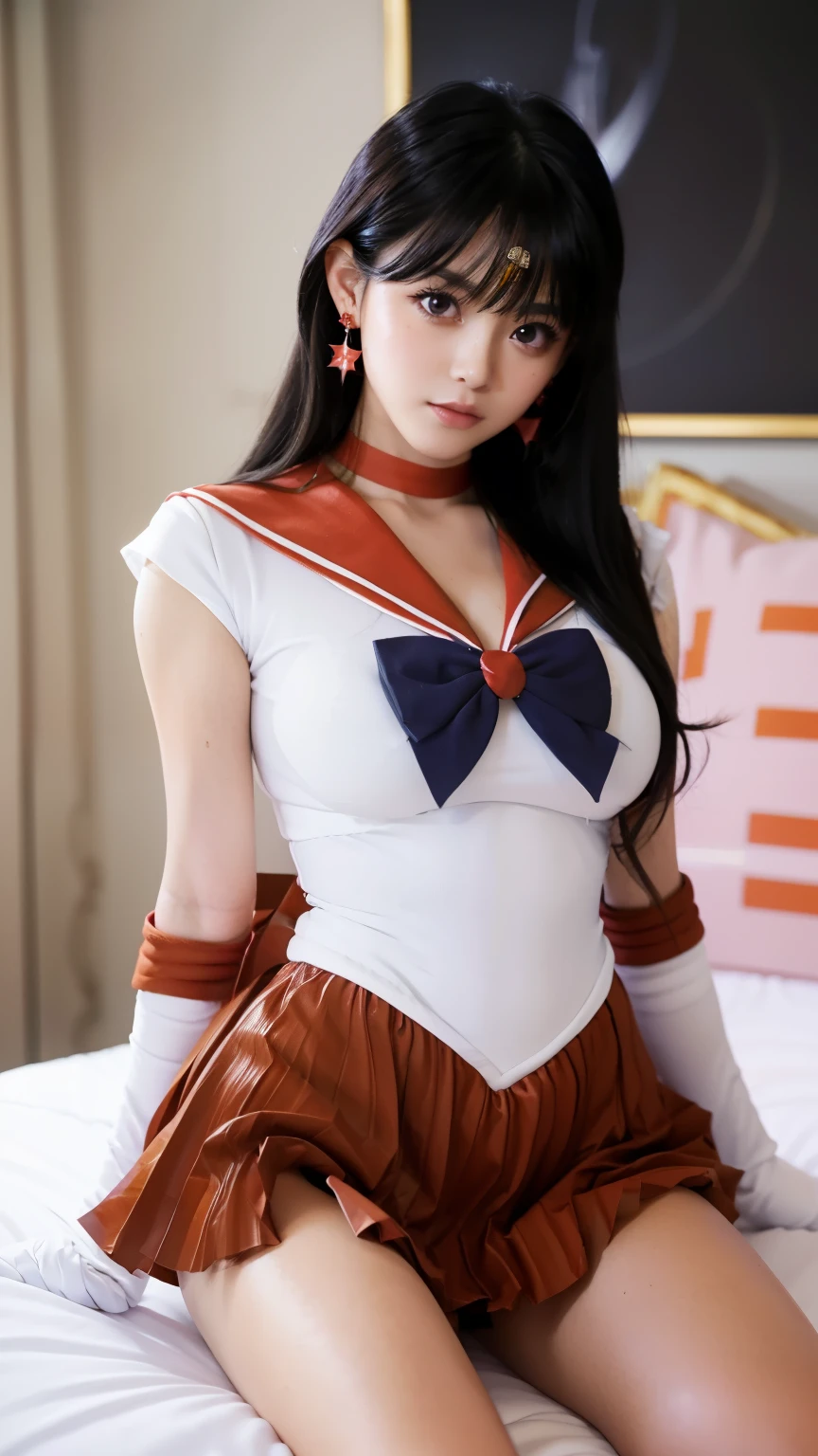 (8k、RAW Photos、highest quality、masterpiece:1.2)、(Realistic、Realistic)、1 girl、((Sailor Moon Costume:1.3)、Large Breasts,Standing seductive pose、Shooting from below))、Lots of eyelashes、Glowing eyelids、((skeletally correct))、smile、This photo will awaken boys to sex、(((Always wear panties)))、(((knee level shot)))