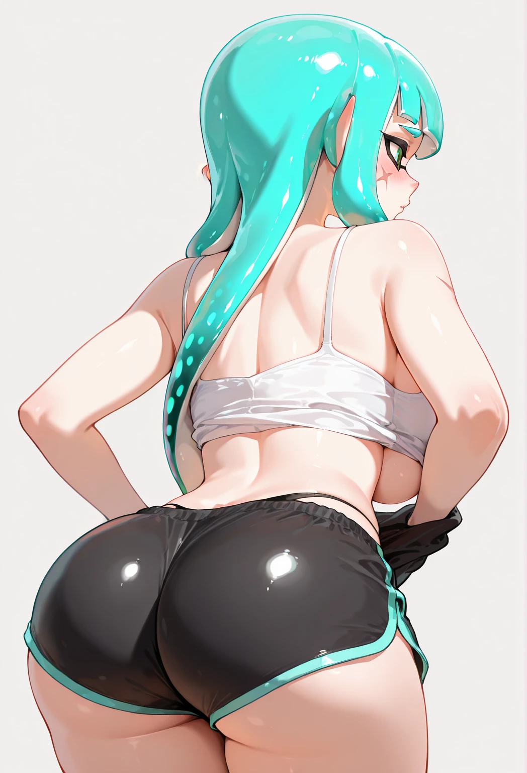 1 girl, Blue eyes, blue hair, Drill hair, gwen \(League of Legends\), in a white T-shirt and thong, hair ornament, a high resolution, League of Legends, long hair, X, X hair ornament, ass