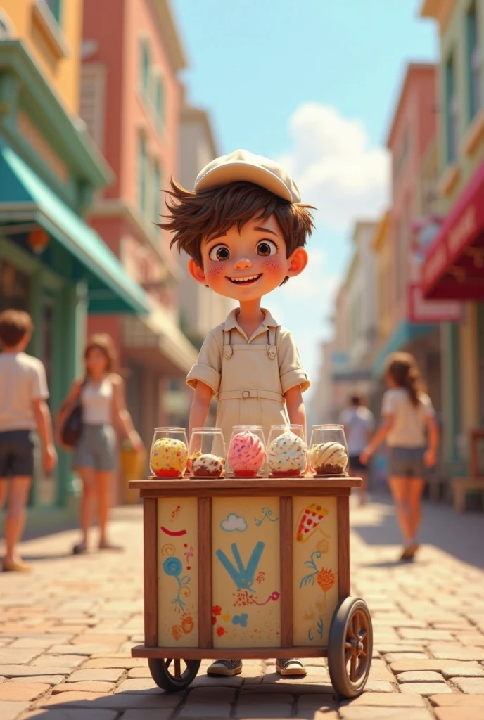 obra-prima, melhor qualidade, Portrait of child in shopping mall cheerful white boy looking at camera with ice cream in hand. Bolsa atravesada de lateral, with spoon in other hand, chinelo slide, bermeda e camisa branca, cabelos liso de lado.