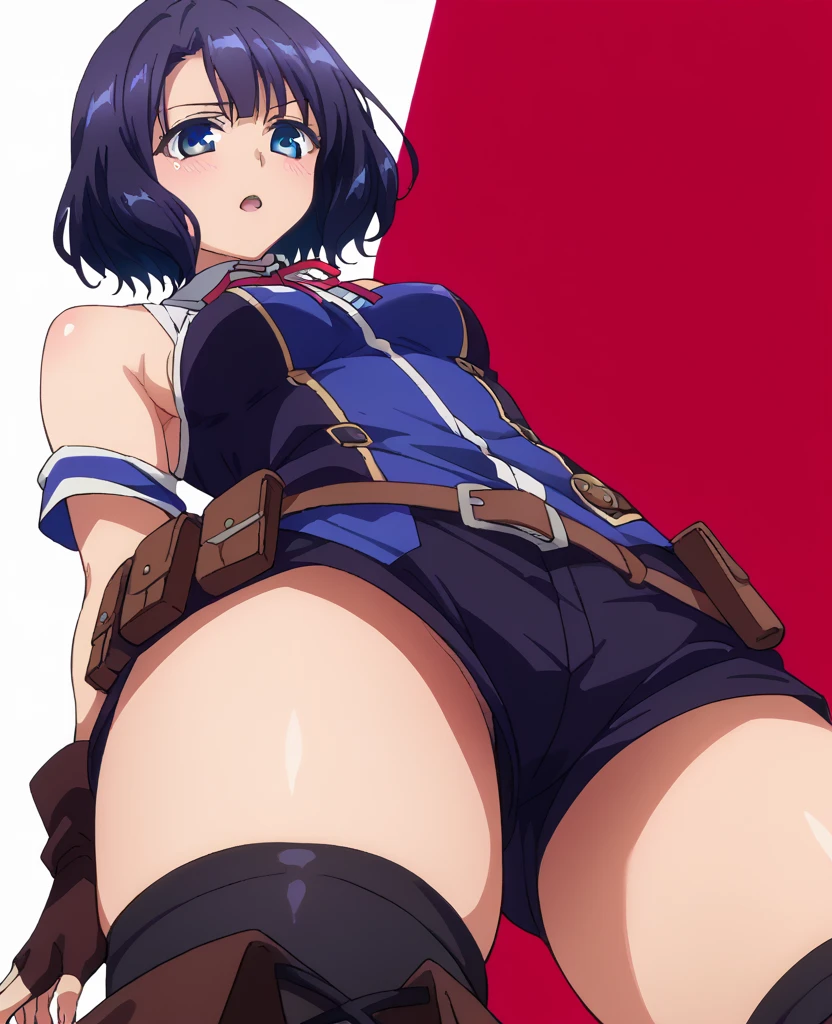 (shaded face:1.2), hollow eyes, maroon eyes, looking at viewer, heavy breathing, smirk, upper teeth, short hair, black hair, race queen, cropped jacket, highleg bikini, micro shorts, thigh boots, peaked cap, "Vector art, Vivid colors, Clean lines, Sharp edges, Minimalist, Precise geometry, Simplistic, Smooth curves, Bold outlines, Crisp shapes, Flat colors, Illustration art piece, High contrast shadows, Technical illustration, Graphic design, Vector graphics, High contrast, Precision artwork, Linear compositions, Scalable artwork, Digital art"
