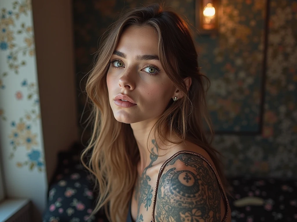 (realistic,tattooed,ginger:1.1)detailed girl(realistic, photorealistic:1.37),straight hair,detailed eyes, exposed and detailed arms, blue eyes (best quality,4k,8k,highres,masterpiece:1.2),wearing a dress,fine lines tattooed on both arms, sitting in a snack bar,hands on the table,lit by warm golden light,smiling face,relaxed pose,delicate facial features.