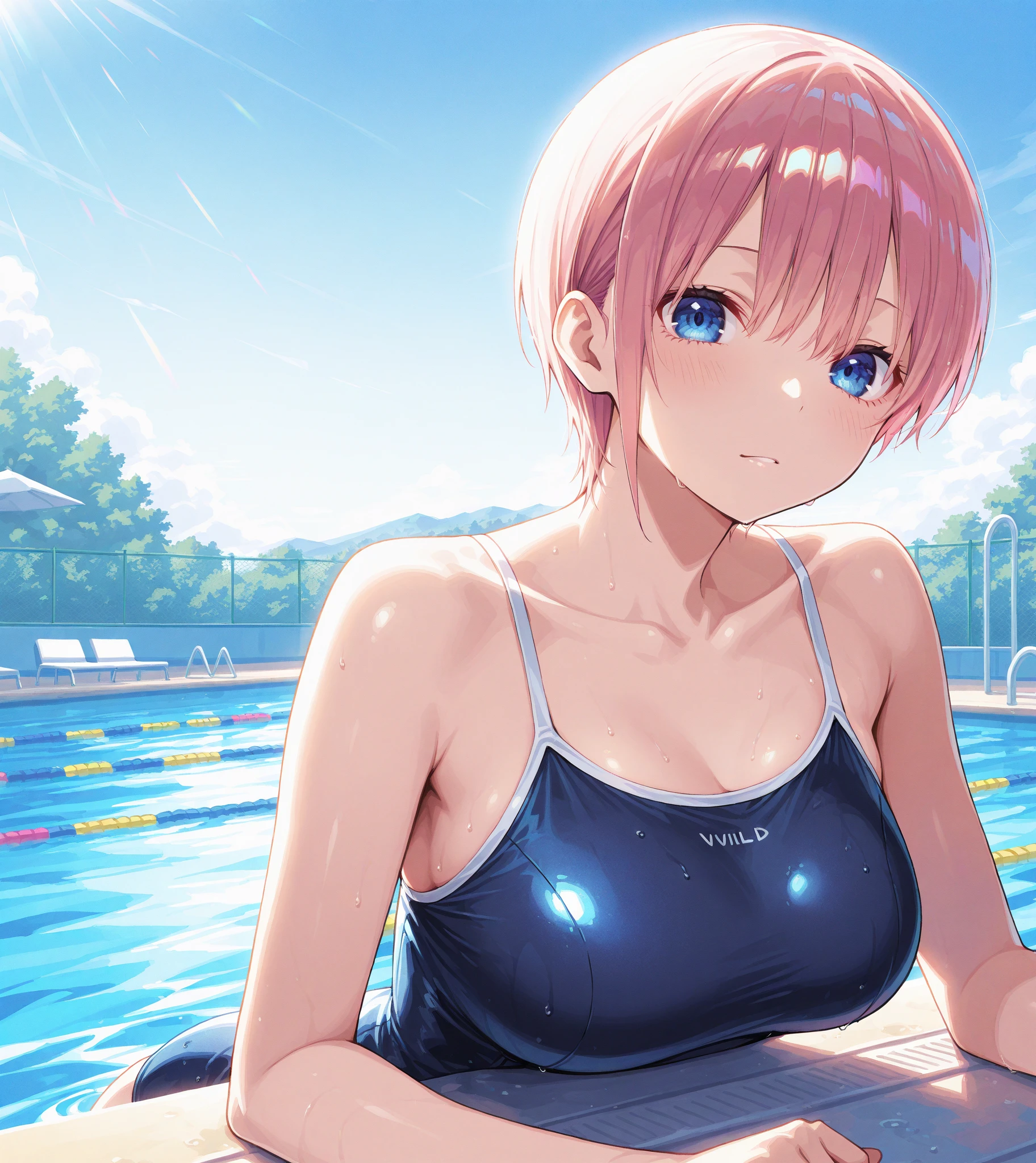 pieces fly、masterpiece、highest quality、Super detailed、High resolution、High resolution、8K portrait、Unity 8k壁紙のHigh resolutionCG、unity 8k wallpaper、cute:1.5、slender body:1.5、Highly detailed CG unity 8k wallpaper、realistic、real person、cute、 portrait photography、shiny skin、High resolution、pink hair bob hair、(:1.2)、(1 girl)、(school poolside:1.6)、((navy blue school swimsuit:1.4)),perfect face, seriously, (blush:1.5),((tits topless:1.5)), (midium breasts:0.8),(((I have nipples))),((Orgasm in the vagina:1.5)),(M-shaped spread legs:1.2),(knees up:1.3),(spread legs:1.2)、((Are standing))