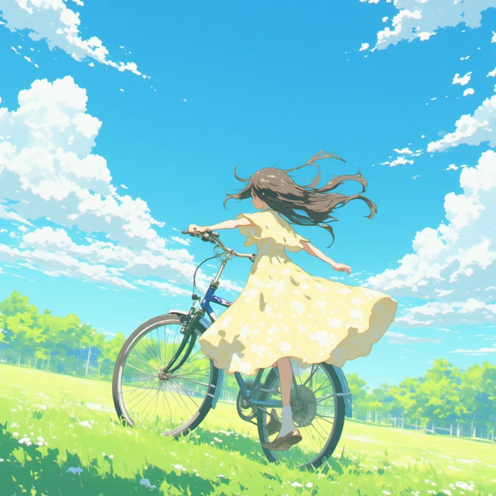 Cycle Rider Anime An anime-style scene of a young ride bicycle through a park, viewed ...