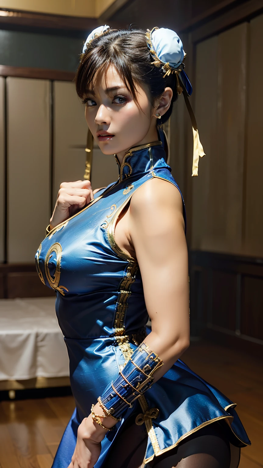 Chun Li's Street Fighter masterpiece, CG, Little man's waist, Long leg proportions, long eyelasher, Determined, White high-top boots, Better light and shadow, Back up the view, Capcom style, Ultra HD |, 8K, realskin, Every body is water, Chun Li's signature move, Black tights, watery big eyes, tall nose bridge, tiny mouth, Large of breast, Inguin width, Chun Li's classic costume, Cooked, 30 years, full bodyesbian, Splashing around, Kicks, On the streets of Shibuya, Tokyo Raj
