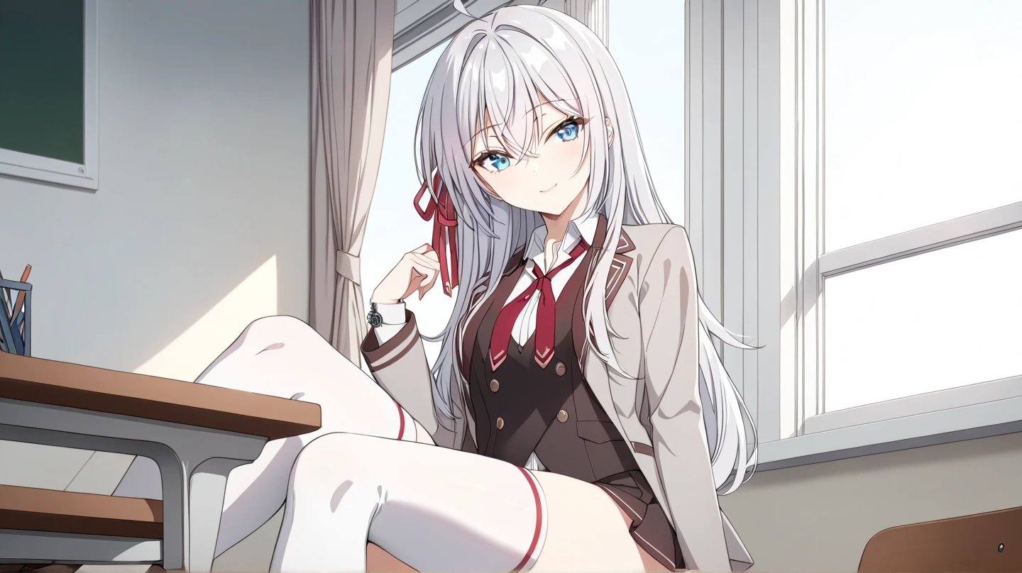 1girl, solo, long hair, breasts, medium breasts, looking at viewer, smile, clock blue eyes, , skirt, shirt, red eyes, thighhighs, gloves, long sleeves, ribbon, twintails, lying, on the desk, very long hair, black jacket, white shirt, white hair, pleated skirt, shoes, white gloves, grin, white thighhighs, red ribbon, blue skirt, neck ribbon, low twintails, heterochromia, brown footwear, crossed legs, loafers, tokisaki kurumi, in the school, 