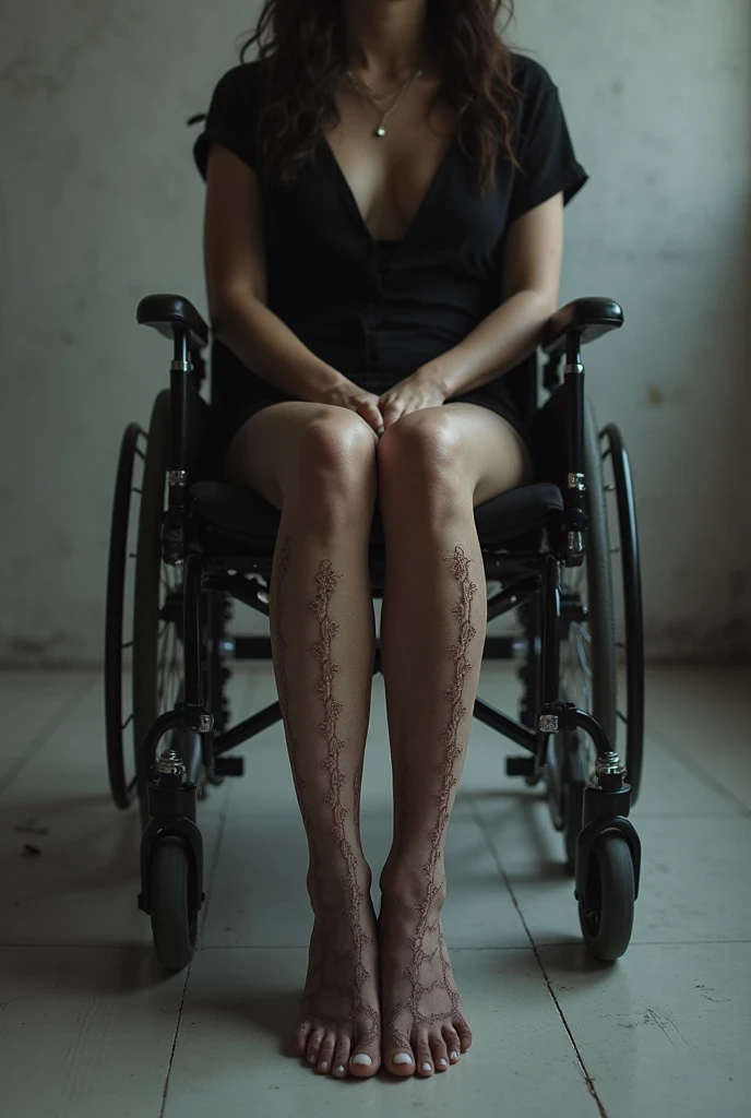 A crippled girl in a wheelchair with pantyhose legs and red lips porno