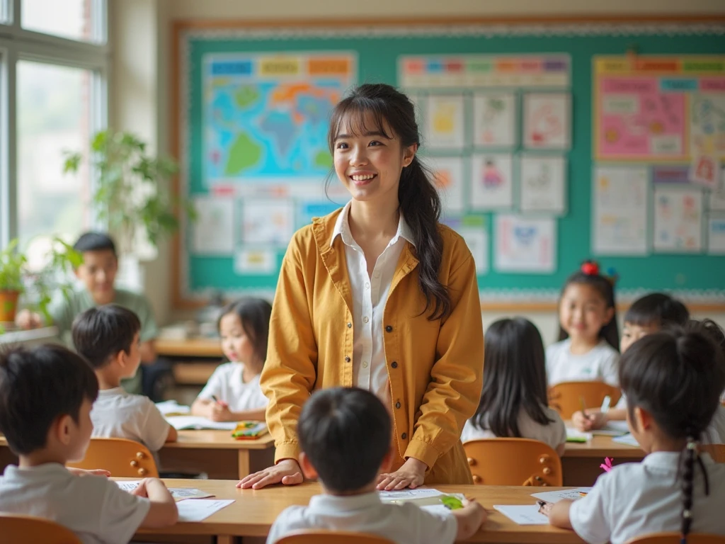 A stunning and oil painting of a young Korean girl, age 15-17, beautifully portrayed with a joyful and melancholic expression. She is standing at her place in classroom of her school, with a little smile on her face, there are other students behind her, in the classroom sitting on their respected desks. students are looking at her and clapping for her, feeling happy for her. wide angle, adding to the sense of unease. The painting exhibits a real-like, impressionistic style, with visible brushstrokes that create a sense of depth and texture. The color palette primarily consists of bright blue, grays, and blacks, evoking a light atmosphere.