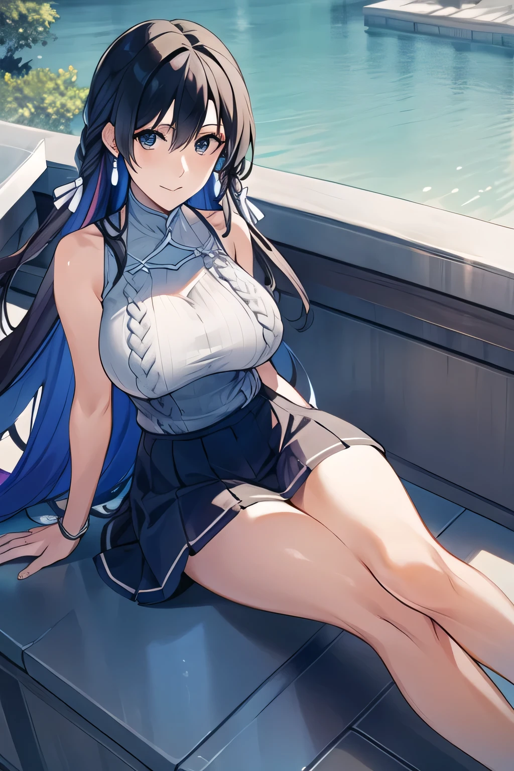 can you face me and draw a woman with a nice smile,I'm drawing a delicate expression,,resting on the lakeside of a lake。I'm drawing her expression more delicately,Faces are very important,can you draw a sleeveless dark blue micro mini skirt,Big Breastsでもウエストが細い,{{X}},I'm drawing her expression more delicatelyいいですか,walking alone, city tour ,,(((She is casual))), I have a SLR camera ,(Let's draw a more delicate look),(sleeveless wool sweater),( Pleated Legs,white panties),(That work is enough for one person {X} why don't you draw the perfect balance to prevent destruction)、 That's enough,frown。unless the job requires it。 {X}、 , An attractive 40-year-old woman takes off her uniform, BIG BLACK WAVY HAIR, , Big Breasts, thin waist , , ,